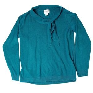VTG Gervele Teal Blue Ribbed Knit Mock Neck Tie Neck Sweater Top Women's Medium‎